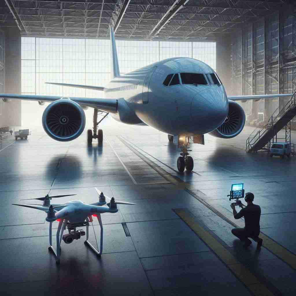 Avión estacionado junto a un dron en relación a la normativa EASA part 145